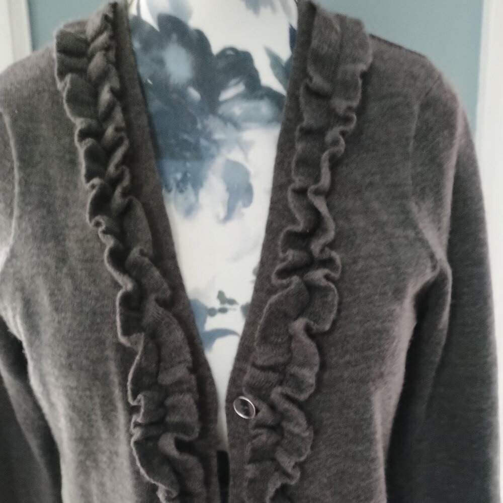 Grey Italian Merino Wool Cardigan with Ruffles - Picture 6 of 13